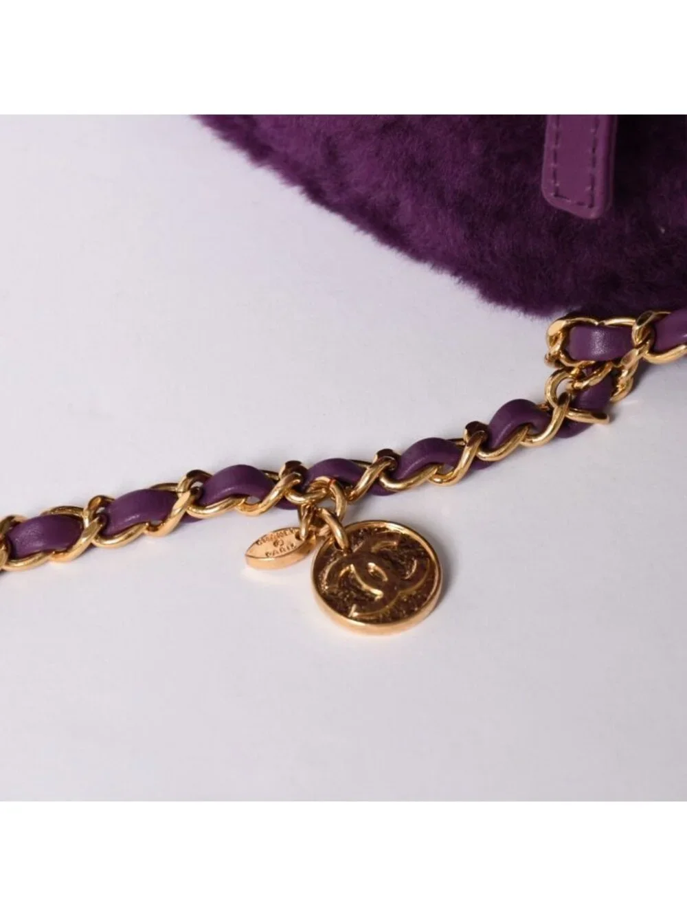 Chanel CC Logo Vanity 2-Way Shoulder Bag Shearling Purple Gold